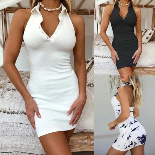 Lapel Sling Sleeveless Knitted Dress Skinny Slim Bodycon Mini Dress Backless Vintage Button Polo V Neck Halter Plus Size 5XL New