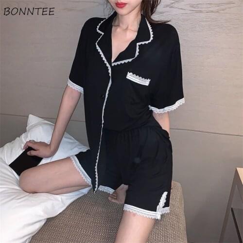 Pajama Sets Women Sleepwear All-match Lace Patchwork College Ins Summer Lounge Lovely Elegant Daily Ulzzang 2 Pieces Home Wear