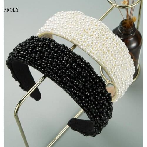 PROLY New Vintage Women Hair Accessories Beige Black Pearls Paved Hairband Adult Top Quality Baroque Headband Wholesale
