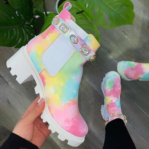 RASMEUP Womens Autumn Winter Rainbow Short Boots Square Heel Rhinestone Shoes Non-slip Fashion Thick Bottomn Footwear 2021