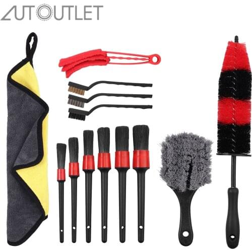 AUTOUTLET 13Pcs Wheel & Rim Brush Car Detail Brush for Cleaning Dirty Tires Car Motorcycle Wash Kit Covers With Microfiber Towel