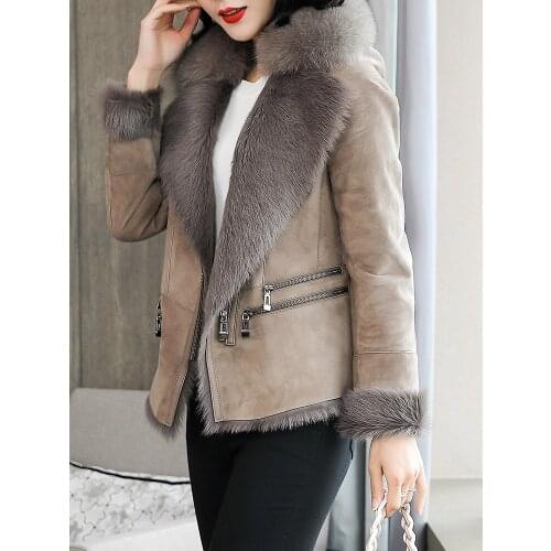 Double Faced Fur Coat Female Natural Wool Fur Coats Winter Jacket Women Fox Fur Collar Genuine Leather Jacket MY4081