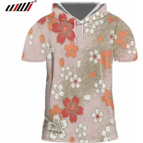 UJWI New Japan Harajuku Ukiyo-e Mens Hooded Tshirt Man Tee Shirt 3D Flower Creative Printed Scenery Theme T-shirt