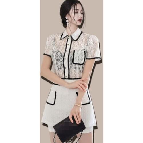 2021 Summer Sexy Hollow Out Lace Womens 2 Piece Sets Lapel Short Sleeve Shirt Tops + A-Line Mini Skirts Office OL Suit