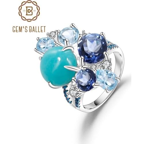 GEMS BALLET 925 Sterling Silver Statement Rings Natural Amazonyte Blue Topaz Gemstone Candy Ring for Women Fine Jewelry