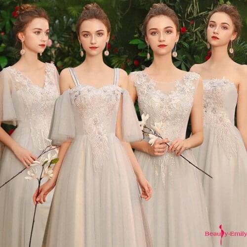 Beauty Emily 2019 V Neck Bridesmaid Dress Lace Appliques Chiffon Middle Party Dress For Wedding Celebration Dress For Graduation