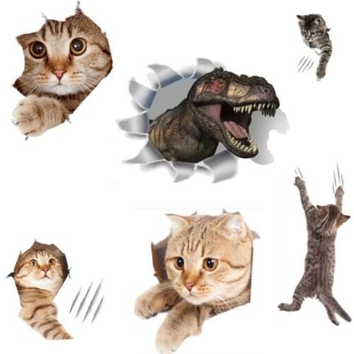 1Pc 3D Cute Cat Dinosaur Wall Sticker For Kitchen Bathroom Toilet Room Decor Animal Decals Art Sticker Wallpaper Mural 20*30cm