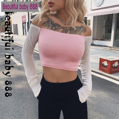 2020 autumn Harajuku girls pink off shoulder knit crop tops women T-shirts French romance street casual Tees mujer Elegant Top