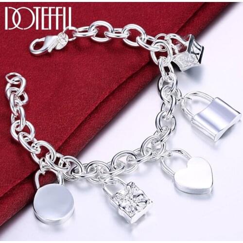 DOTEFFIL 925 Sterling Silver Bracelet Heart / Circle / Square Lock Bracelets Bangles Woman Man Fashion Charm Wedding Jewelry