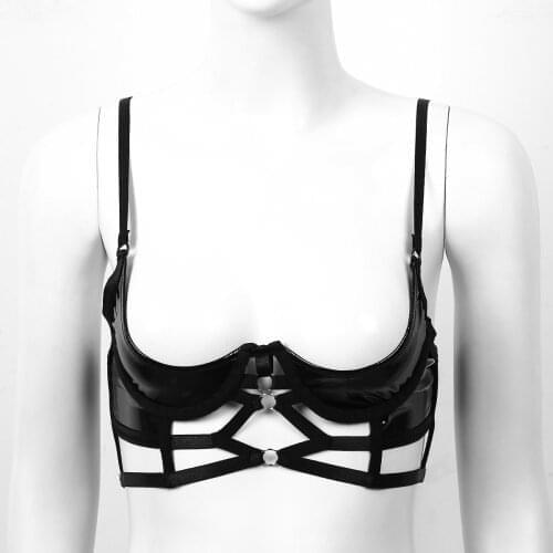 Women Hot Sexy Latex Lingerie Porno Open Cups Rave Bras Erotic Underwear Faux Leather Caged Strappy Underwired Push-up Bra Tops