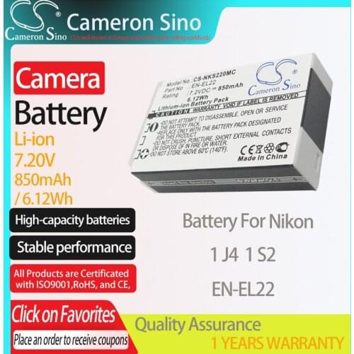 CameronSino Battery for NIKON 1 J4 1 S2 fits NIKON EN-EL22 Digital camera Batteries 850mAh/6.12Wh 7.20V Li-ion Grey