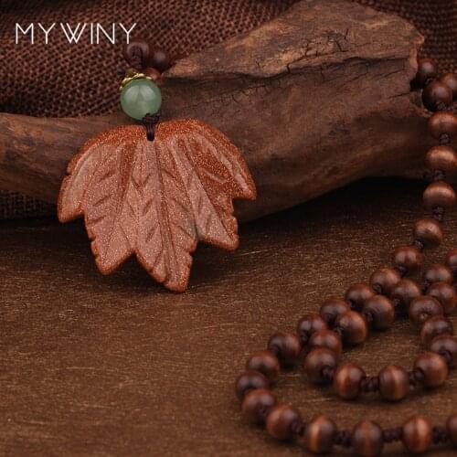 Wooden beads Nature stone Aventurine Quartz Nepal jewelry exotic maple leaf necklace brown, handmade vintage necklace