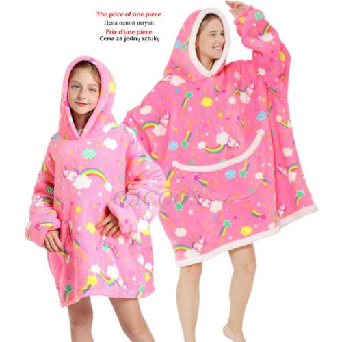 Mother Kids Hooded Sweatshirts Teens Girls Homewear Autumn Winter Unicorn Baby Fleece Oversized Sleepwear Children Sofa Blanket
