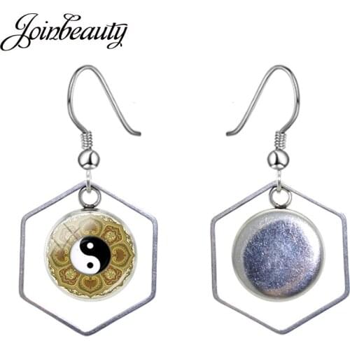 JOINBEAUTY Yin Yang Bipolar Taiji Mandala Pattern Dangle Earrings Glass Dome Polygon Hollow Out Pendant Earrings Jewelry CT364