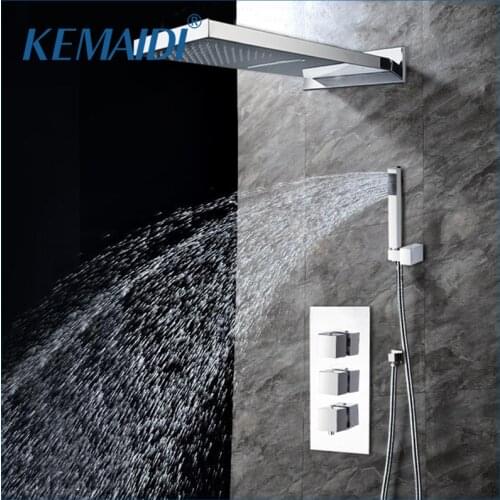 KEMAIDI Luxury Wall Mounted Square Style Brass Waterfall Shower Set New Bathroom Shower With Handle Rainfall Shower Head