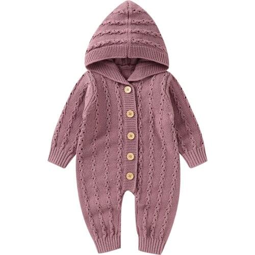 Toddler Jumpsuit Solid Color Knitted Hooded Long Sleeves Romper with Buttons for Baby Girls Boys 0-18 Months