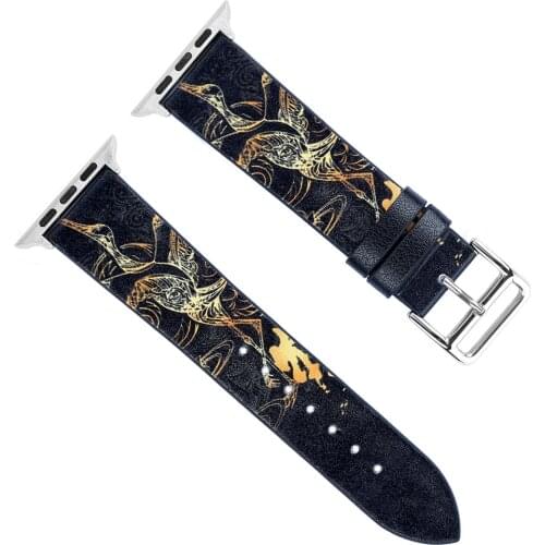 Crane Bird Printed Leather Strap for Apple Watch Band 6 Series SE/5/4/3/2 Classic Fashion Bracelet for iWatch 40mm 44mm 38/42mm