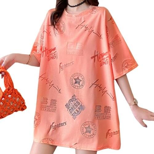 Summer Fashion Perspective Women T Shirt Print Letters Dress Tees Loose Mid-length Short Sleeves Orange Harajuku Tops Female
