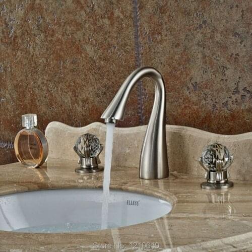 Uythner Newly Nickel Brushed Bath Sink Faucet Mixer Tap Dual Crystal Handles Deck Mount Basin Faucet 3Pcs