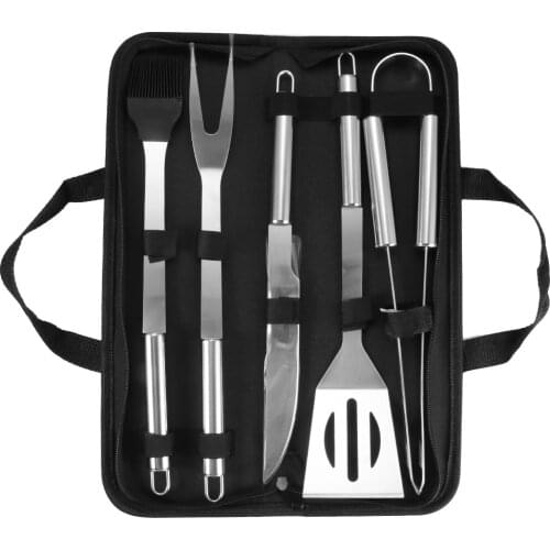 5pcs BBQ Grill Tool Set Stainless Steel Barbecue Grilling Accessories Utensils Kit with Portable Cloth Bag