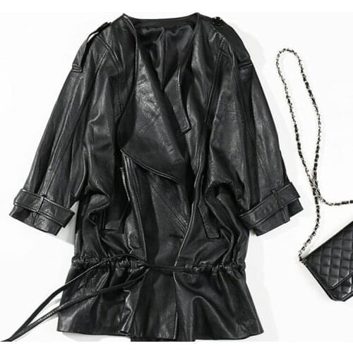 Genuine Leather 2021 Spring New Ladies Sheepskin Street Large Size Medium Lapel Drawstring Loose Coat