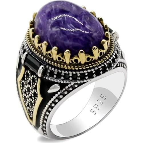 Natural Purple Dragon Stone 925 Silver Mens Auspicious Handmade Turkey Signet Ring Rock Jewelry Gifts Mens Gifts