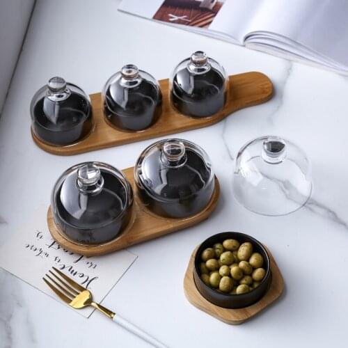 New ceramic dessert bowl snack dish taste fruit salad ice cream bowl pudding cup with bamboo tray glass cover creative tableware