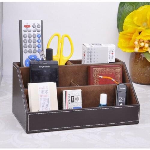 Office 5-slot wood leather desktop stationerry pens pencels holder organize storage box case office accessories borwn 203B