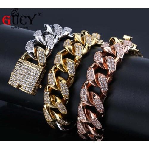 GUCY Hip Hop 18mm Tricolor Iced Out Cuban Chain Necklace Micro Pave CZ Stones Necklaces Gold Silver Color Heavy Jewelry For Men