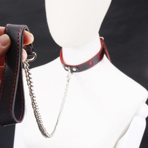 Adjustable PU Leather Chain Collar with Leash BDSM Bondage Fetishs Necklace Adult Game for Woman Neck Ring Sex Accessories Toys