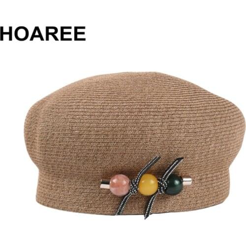 HOAREE Vintage Straw Hat Women Summer Hats French Beret Gray Khaki Black Candy Bead Decoration Ladies Painter Cap