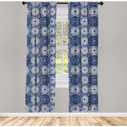 Blue Mandala Curtains with Large Flowers and Curls Contrasting Colors Baroque Window Treatments for Living Room Bedroom Decor