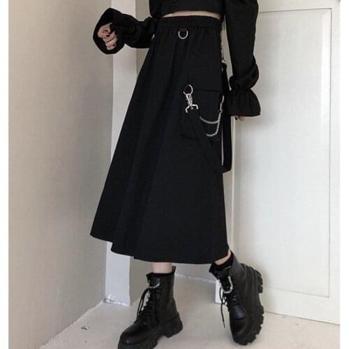 Gothic Vintage Skirt High Waist Cargo Skirts Woman Harajuku 2021 Loose A-line Pocket Midi Long Black Skirt Hip Hop Streetwear