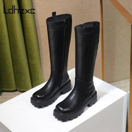 LDHZXC 2020 fashion winter boots Women mid claf Boots Round Toe Thick Heels Autumn Winter Party platform Shoes Woman size 43 44