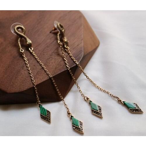 Fashion vintage green snake long earrings for women Retro antique metal rhinestone stud earring for girl Valentines gift