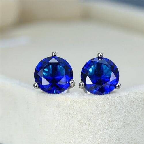 8MM Round Blue Sapphire Gemstone Stud Earring Real 925 Sterling Silver Rainbow Crystal Spiral Earrings For Women Wedding Jewelry