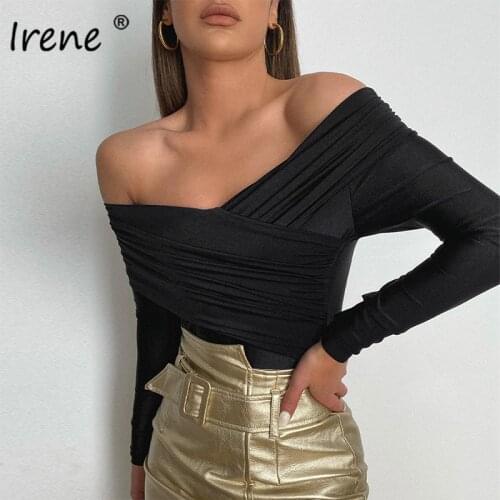 Irene Ruched Off Shoulder Sexy Women Jumpsuits 2021 Spring Party Long Sleeve Bodysuits Women Rompers 2021 Black Bodys Tops