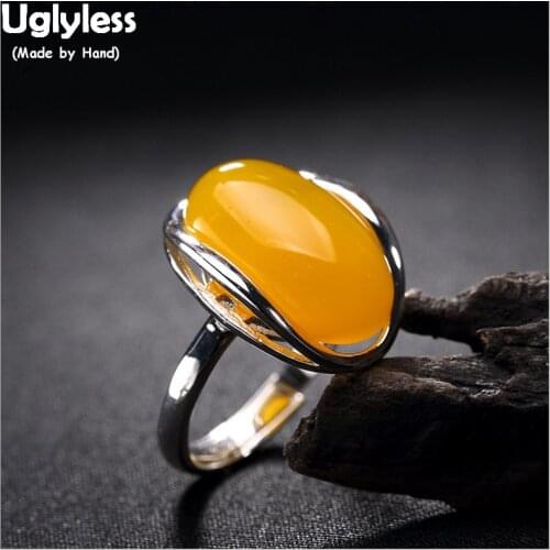 Uglyless Real S925 Sterling Silver Natural Chalcedony Opening Ring Yellow Gems Finger Rings Women Handmade Jewelry Hollow Bijoux