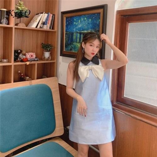 Runway Brand Diamonds Bow Lovely Princess A-Line Dress Summer New 2021 Women Blue Temperament Elegant Party Vest Dresses