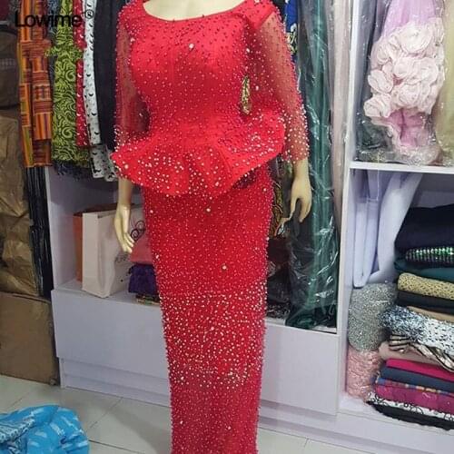 Special Design Pearls Red Evening Dresses Mermaid Long Sleeve Plus Size Evening Prom Party Gowns Formal Occasion Dresses