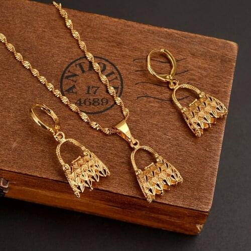 Gold PNG pursue bilum Necklace pendant Earrings Set Women Party Gift african women bag shape bridal wedding Jewelry girls charm