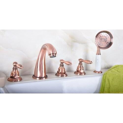 Antique Red Copper Brass Widespread Three Handles Deck Mounted 5 Holes Bathroom Tub Faucet Mixer Tap With Handshower mtf184