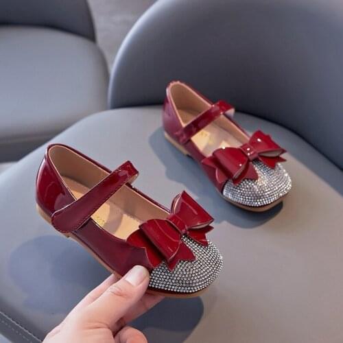 Kids Flats Princess Shoes Spring Girls Fashion Bow Rhinestone Single Shoes Children Leather Shoes Student Performance New E566