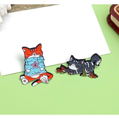 Cartoon Lazy Cat Enamel Brooches Grey Maple Leaf cat Orange Cherry Kitten Badge Brooch Lapel Pin Animal Jewelry Gift Broche