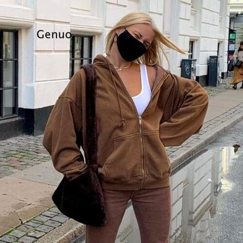 Fleece Brown Zip Up Sweatshirt Women Y2K Oversize Hoodies with Pockets Vintage 90S Long Sleeve Pullovers Plus Size