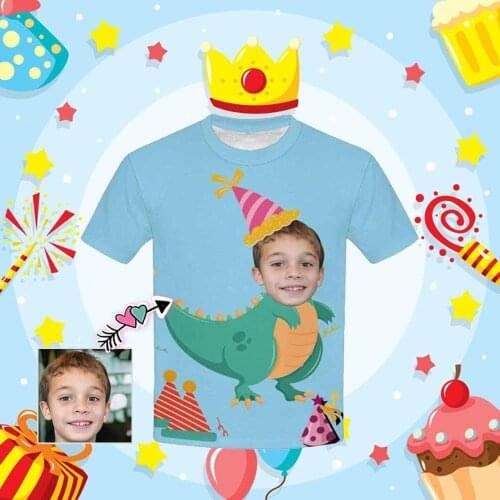 Custom Face Photo Birthday Dinosaur Kids All Over Print T-shirt Personalized Design Summer Casual Top Unique Gift For Children
