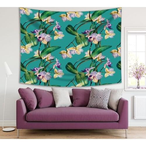Tapestry Orchid Flower Branches Leaves Watercolor Style Artwork with Floral Pattern White Purple Green