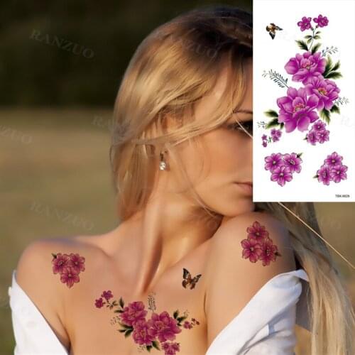 Body Art Fake Tattoo Sticker Flower Peony Rose Tattoo Sticker Woman Chest Back Arm Waist Neck Leg Temporary Tattoo Sticker