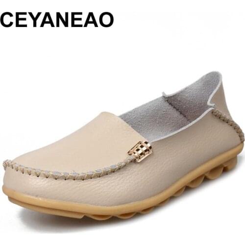 CEYANEAO Summer Candy Colors Genuine Leather Women Casual Shoes Fashion Breathable Slip-on Peas Massage Metal Decoration Flats