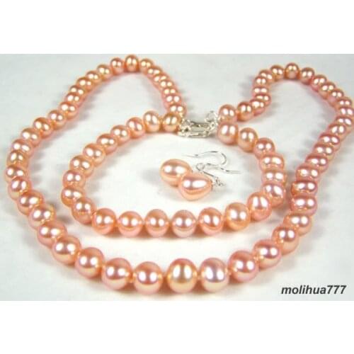 Real Pink Pearl Bracelet Earrings Necklace set and Gift